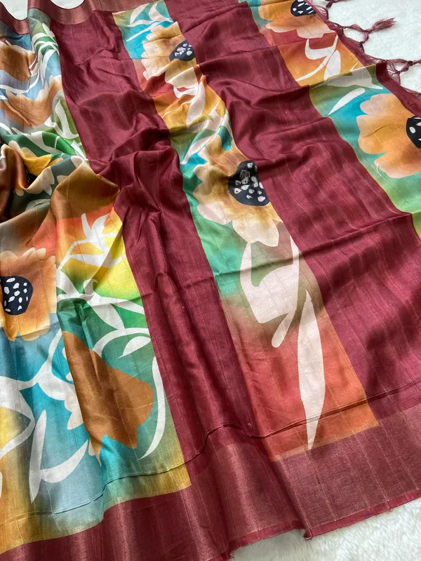 Vaishnavi_Maroon_–_Navratri_Special_|_Soft_Tussar_Silk_Saree_with_Print,_Border_&_Contrast_Print_Blouse_with_Tassels