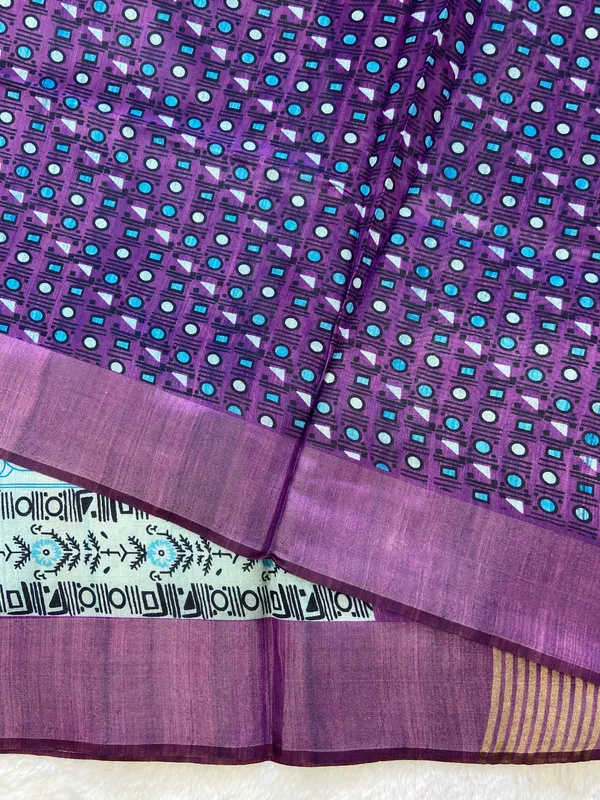 Urvi_Purple_&_Sky_Blue_–_Festive_Season_Special_|_Soft_Tussar_Silk_Saree_with_Print,_Border_&_Contrast_Print_Blouse_with_Tassels