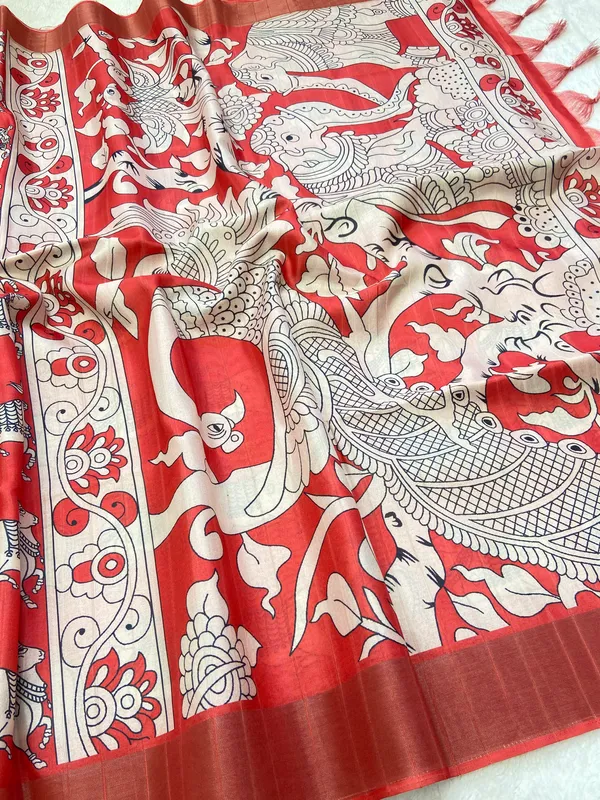Soft_Tussar_Silk_sarees_with_Beautiful_Print_With_Attractive_Border_And_Contrast_Print_Blouse_With_Tassels
