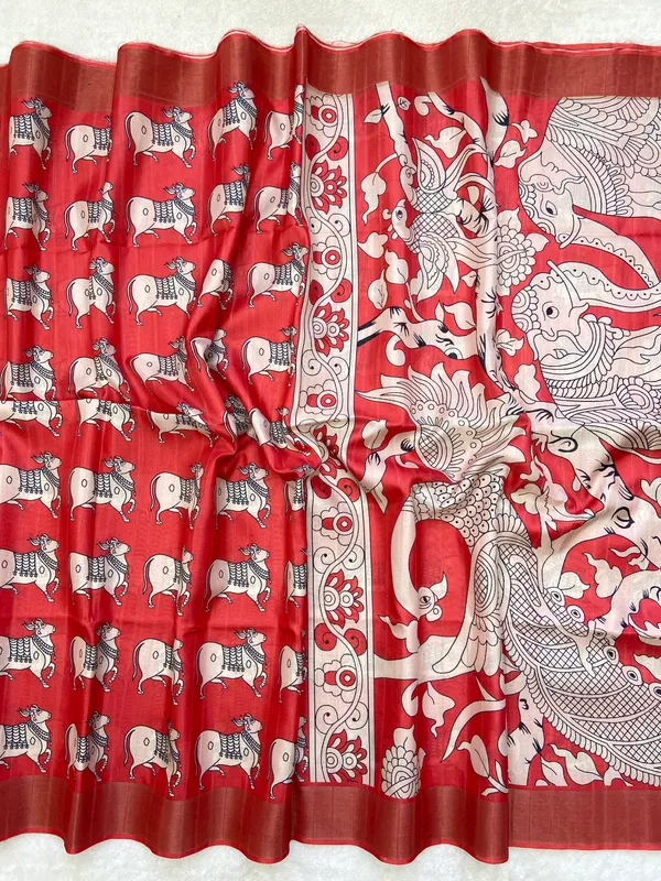 Soft_Tussar_Silk_sarees_with_Beautiful_Print_With_Attractive_Border_And_Contrast_Print_Blouse_With_Tassels
