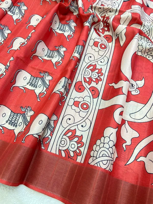 Soft_Tussar_Silk_sarees_with_Beautiful_Print_With_Attractive_Border_And_Contrast_Print_Blouse_With_Tassels