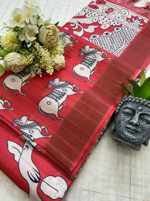 Soft_Tussar_Silk_sarees_with_Beautiful_Print_With_Attractive_Border_And_Contrast_Print_Blouse_With_Tassels