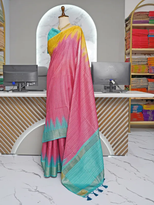 Soft_Tussar_Silk_sarees_with_Beautiful_Digital_Print_With_Attractive_Checks_Design_Saree_And_Digital_Print_Blouse_With_Tassels