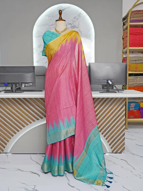 Soft_Tussar_Silk_sarees_with_Beautiful_Digital_Print_With_Attractive_Checks_Design_Saree_And_Digital_Print_Blouse_With_Tassels