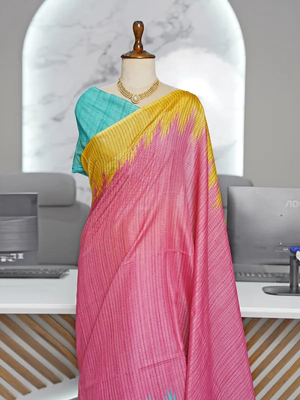 Soft_Tussar_Silk_sarees_with_Beautiful_Digital_Print_With_Attractive_Checks_Design_Saree_And_Digital_Print_Blouse_With_Tassels