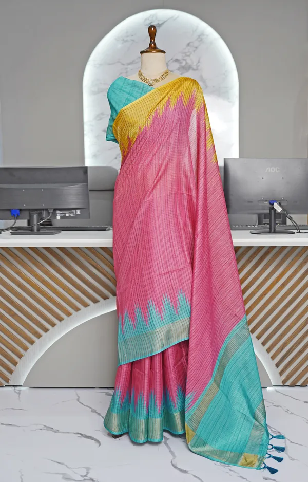 Soft_Tussar_Silk_sarees_with_Beautiful_Digital_Print_With_Attractive_Checks_Design_Saree_And_Digital_Print_Blouse_With_Tassels