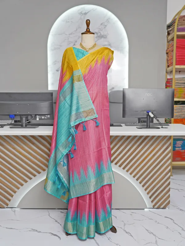 Soft_Tussar_Silk_sarees_with_Beautiful_Digital_Print_With_Attractive_Checks_Design_Saree_And_Digital_Print_Blouse_With_Tassels