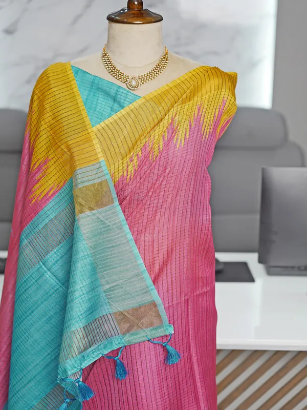Soft_Tussar_Silk_sarees_with_Beautiful_Digital_Print_With_Attractive_Checks_Design_Saree_And_Digital_Print_Blouse_With_Tassels