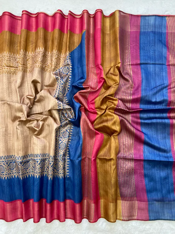Bhanumati_Pink_–_Navratri_Special_|_Soft_Tussar_Silk_Saree_with_Print,_Border_&_Contrast_Print_Blouse_with_Tassels