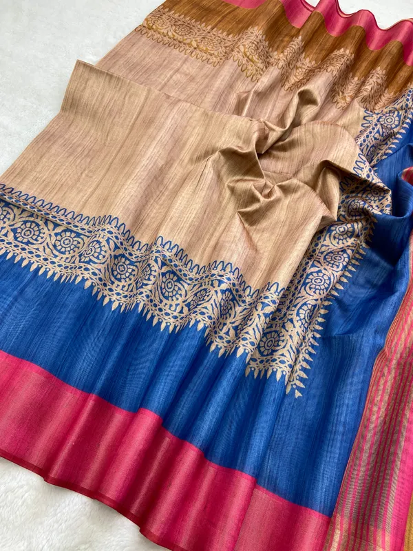 Bhanumati_Pink_–_Navratri_Special_|_Soft_Tussar_Silk_Saree_with_Print,_Border_&_Contrast_Print_Blouse_with_Tassels