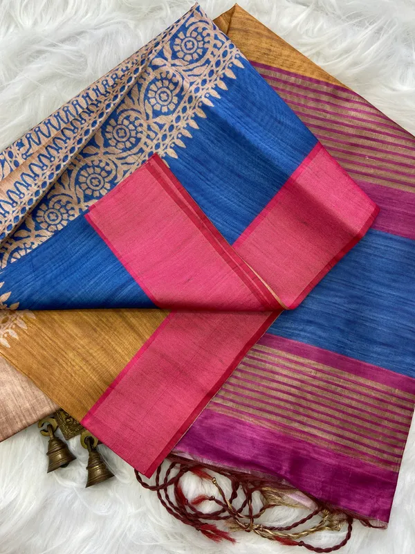 Bhanumati_Pink_–_Navratri_Special_|_Soft_Tussar_Silk_Saree_with_Print,_Border_&_Contrast_Print_Blouse_with_Tassels