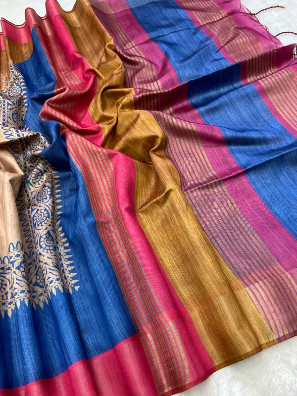 Bhanumati_Pink_–_Navratri_Special_|_Soft_Tussar_Silk_Saree_with_Print,_Border_&_Contrast_Print_Blouse_with_Tassels