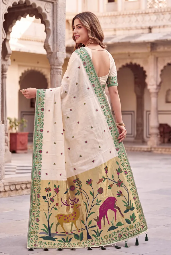 Deer_Cream_–_Deer_Motif_Wedding_Special_|_Premium_Soft_Muga_Cotton_Paithani_Saree_with_Colourful_3D_Woven_Zari_Deer_Design_Pallu