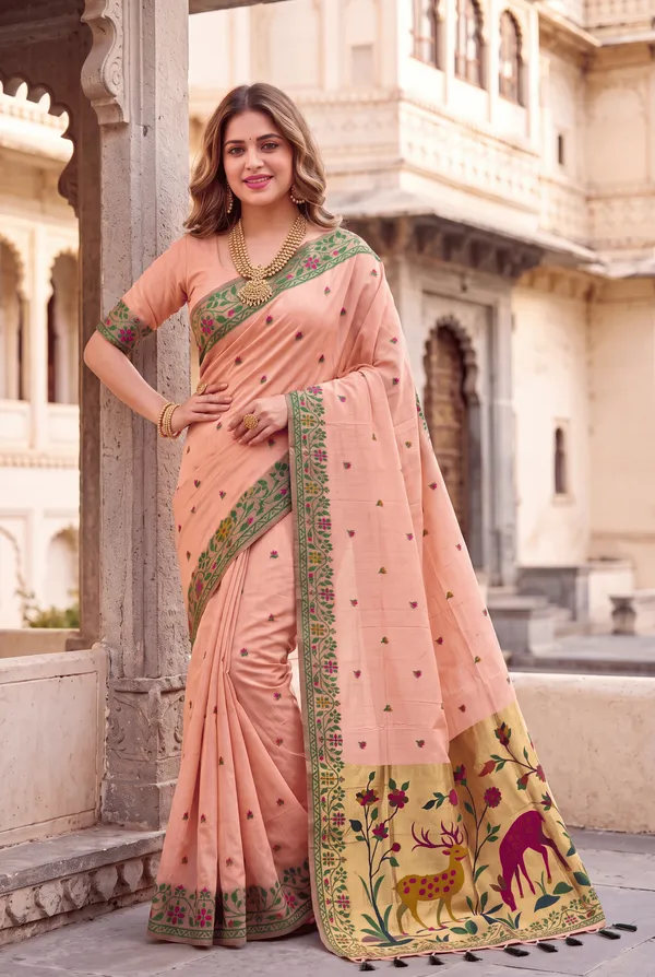 Deer_Peach_–_Deer_Motif_Wedding_Special_|_Premium_Soft_Muga_Cotton_Paithani_Saree_with_Colourful_3D_Woven_Zari_Deer_Design_Pallu