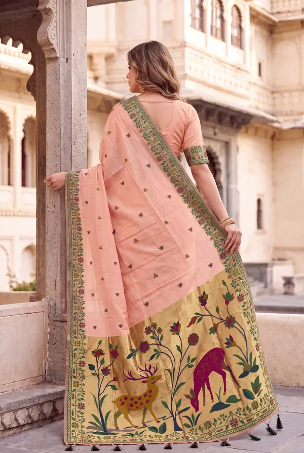 Deer_Peach_–_Deer_Motif_Wedding_Special_|_Premium_Soft_Muga_Cotton_Paithani_Saree_with_Colourful_3D_Woven_Zari_Deer_Design_Pallu