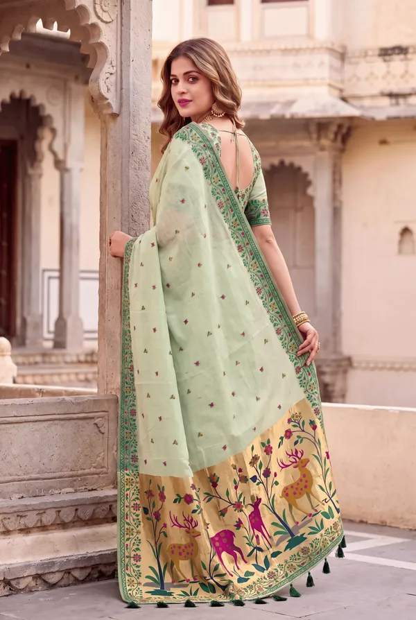 Deer_Pista_Green_–_Deer_Motif_Wedding_Special_|_Premium_Soft_Muga_Cotton_Paithani_Saree_with_Colourful_3D_Woven_Zari_Deer_Design_Pallu