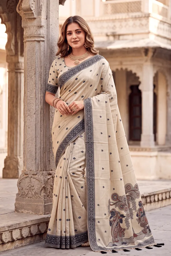 Premium_Soft_Muga_Cotton_sarees_with_Beautiful_Colourfull_3D_Woven_Design_Pallu_With_Attractive_All_Over_Resham_Weaving_Butti_Design_With_Resham_Weaving_Border_And_Running_Blouse_With_Fancy_Tassels