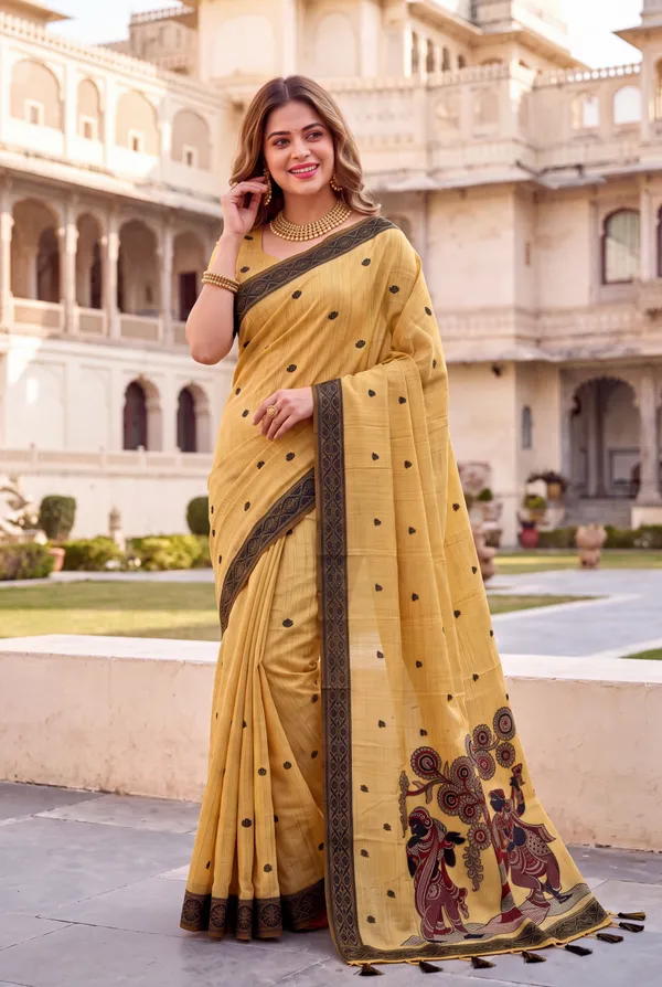 Premium_Soft_Muga_Cotton_sarees_with_Beautiful_Colourfull_3D_Woven_Design_Pallu_With_Attractive_All_Over_Resham_Weaving_Butti_Design_With_Resham_Weaving_Border_And_Running_Blouse_With_Fancy_Tassels