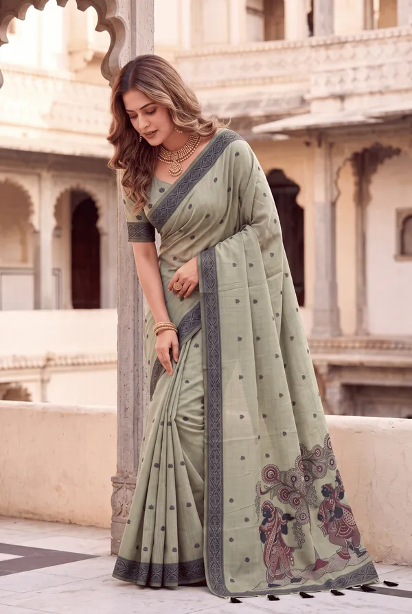 Premium_Soft_Muga_Cotton_sarees_with_Beautiful_Colourfull_3D_Woven_Design_Pallu_With_Attractive_All_Over_Resham_Weaving_Butti_Design_With_Resham_Weaving_Border_And_Running_Blouse_With_Fancy_Tassels