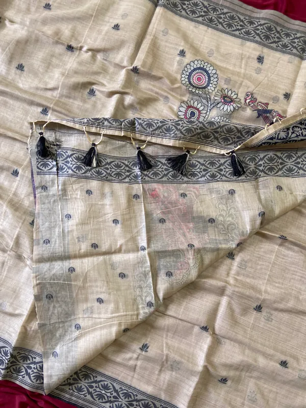 Premium_Soft_Muga_Cotton_sarees_with_Beautiful_Colourfull_3D_Woven_Design_Pallu_With_Attractive_All_Over_Resham_Weaving_Butti_Design_With_Resham_Weaving_Border_And_Running_Blouse_With_Fancy_Tassels