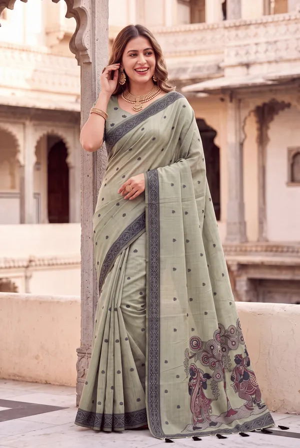 Premium_Soft_Muga_Cotton_sarees_with_Beautiful_Colourfull_3D_Woven_Design_Pallu_With_Attractive_All_Over_Resham_Weaving_Butti_Design_With_Resham_Weaving_Border_And_Running_Blouse_With_Fancy_Tassels