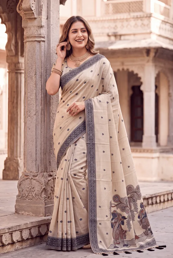 Premium_Soft_Muga_Cotton_sarees_with_Beautiful_Colourfull_3D_Woven_Design_Pallu_With_Attractive_All_Over_Resham_Weaving_Butti_Design_With_Resham_Weaving_Border_And_Running_Blouse_With_Fancy_Tassels