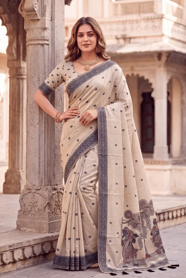 Premium_Soft_Muga_Cotton_sarees_with_Beautiful_Colourfull_3D_Woven_Design_Pallu_With_Attractive_All_Over_Resham_Weaving_Butti_Design_With_Resham_Weaving_Border_And_Running_Blouse_With_Fancy_Tassels
