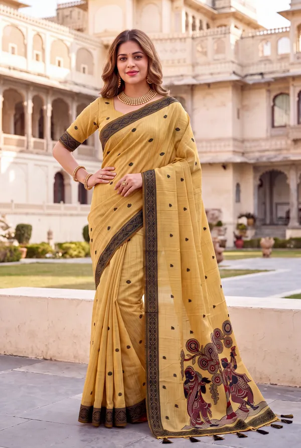 Premium_Soft_Muga_Cotton_sarees_with_Beautiful_Colourfull_3D_Woven_Design_Pallu_With_Attractive_All_Over_Resham_Weaving_Butti_Design_With_Resham_Weaving_Border_And_Running_Blouse_With_Fancy_Tassels