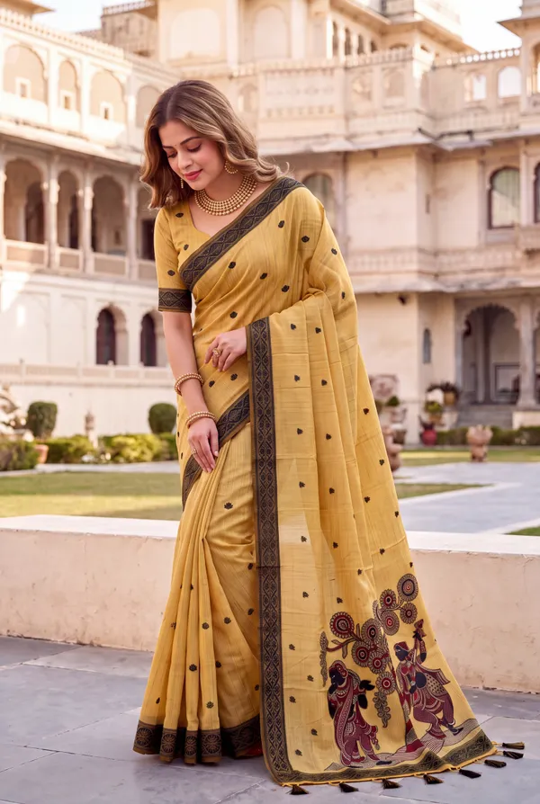 Premium_Soft_Muga_Cotton_sarees_with_Beautiful_Colourfull_3D_Woven_Design_Pallu_With_Attractive_All_Over_Resham_Weaving_Butti_Design_With_Resham_Weaving_Border_And_Running_Blouse_With_Fancy_Tassels