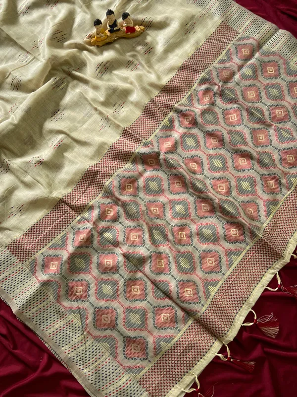 Bhumika_Cream_–_Wedding_Special_|_Premium_Soft_Muga_Cotton_Saree_with_Colourful_3D_Woven_Small_Motifs_Pallu,_All-Over_Resham_Weaving_Butti_Design