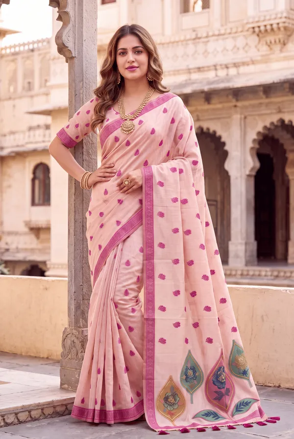 Divyanshi_Pink_–_Divine_Wedding_Special_|_Premium_Soft_Muga_Cotton_Saree_with_Colourful_Digital_Weaving_Work_Pallu,_Resham_Weaving_Border