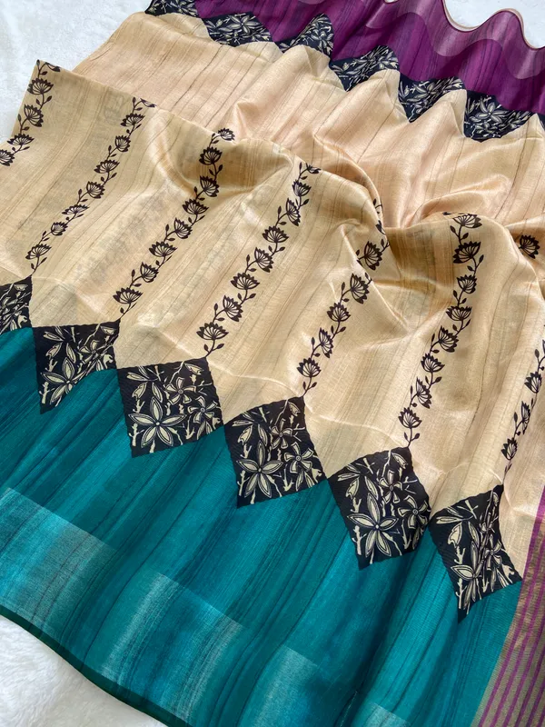 Tanya_Pink_&_Rama_Green_–_Festive_Season_Special_|_Soft_Tussar_Silk_Saree_with_Print,_Border_&_Contrast_Print_Blouse_with_Tassels
