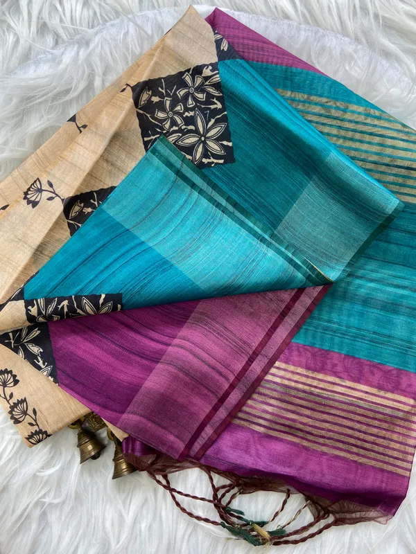 Tanya_Pink_&_Rama_Green_–_Festive_Season_Special_|_Soft_Tussar_Silk_Saree_with_Print,_Border_&_Contrast_Print_Blouse_with_Tassels