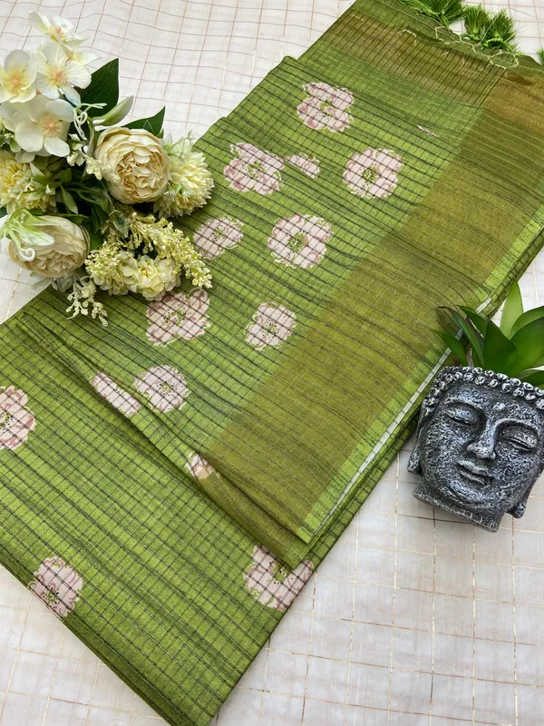 Geetika_Green_–_Melodic_Aesthetic_Edit_for_You_|_Soft_Tussar_Silk_Saree_with_Digital_Print,_Checks_Design_Saree_&_Digital_Print_Blouse_with_Tassels