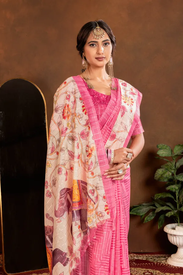 Chandrika_Pink_–_Moonlit_Navratri_Special_|_Soft_Semi_Tussar_Silk_Saree_with_Digital_Print,_Border_&_Contrast_Print_Blouse_with_Tassels