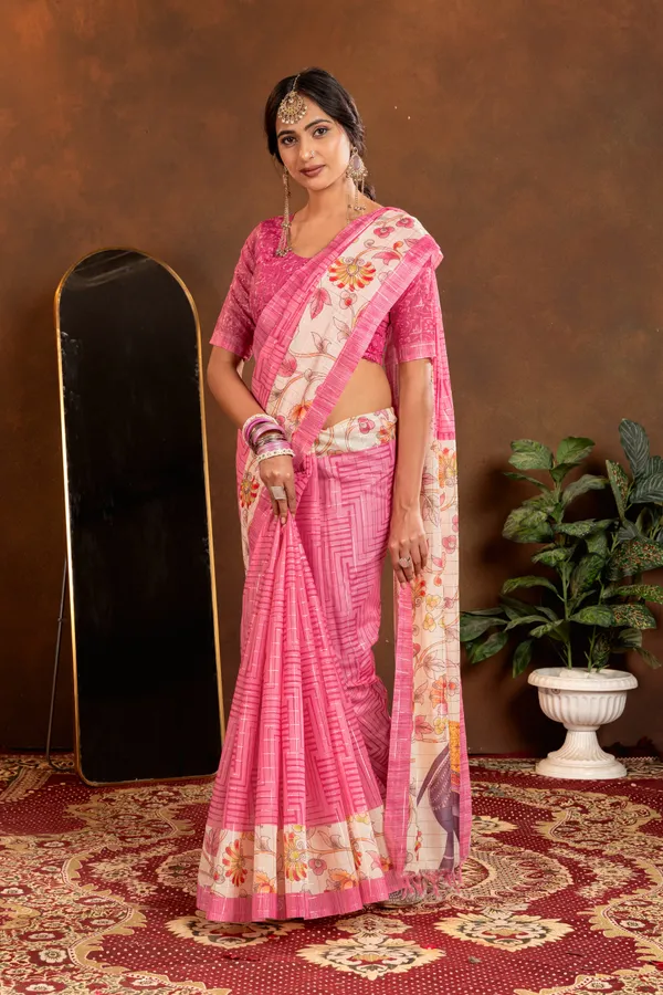 Chandrika_Pink_–_Moonlit_Navratri_Special_|_Soft_Semi_Tussar_Silk_Saree_with_Digital_Print,_Border_&_Contrast_Print_Blouse_with_Tassels