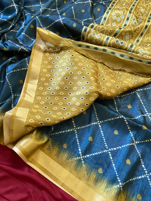 Soft_Tussar_Silk_sarees_with_Beautiful_Digital_Print_With_Attractive_Border_And_Contrast_Print_Blouse_With_Tassels