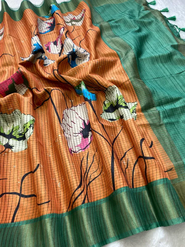 Purna_Orange_–_Complete_Aesthetic_Edit_for_You_|_Soft_Tussar_Silk_Saree_with_Digital_Print,_Checks_Design_Saree_&_Digital_Print_Blouse_with_Tassels