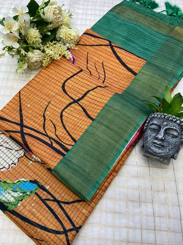 Purna_Orange_–_Complete_Aesthetic_Edit_for_You_|_Soft_Tussar_Silk_Saree_with_Digital_Print,_Checks_Design_Saree_&_Digital_Print_Blouse_with_Tassels