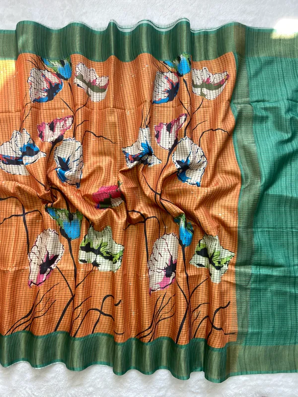 Purna_Orange_–_Complete_Aesthetic_Edit_for_You_|_Soft_Tussar_Silk_Saree_with_Digital_Print,_Checks_Design_Saree_&_Digital_Print_Blouse_with_Tassels