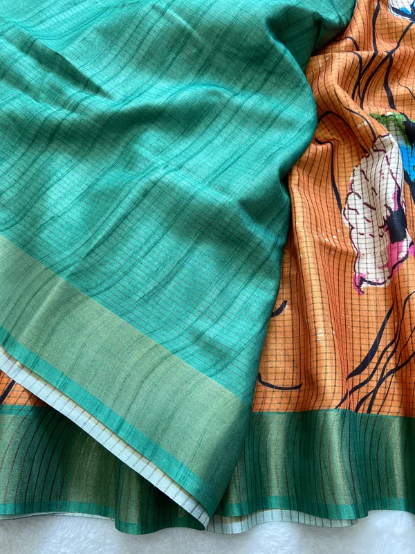 Purna_Orange_–_Complete_Aesthetic_Edit_for_You_|_Soft_Tussar_Silk_Saree_with_Digital_Print,_Checks_Design_Saree_&_Digital_Print_Blouse_with_Tassels