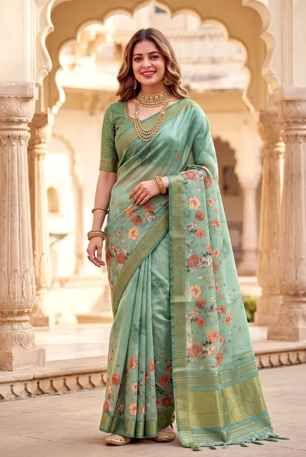 Vaanya_2_Rama_Green_–_Diwali_Special_|_Soft_Tissue_Silk_Saree_with_Digital_Print,_Border_&_Rich_Pallu,_Sequence_&_Contrast_Print_Blouse_with_Tassels