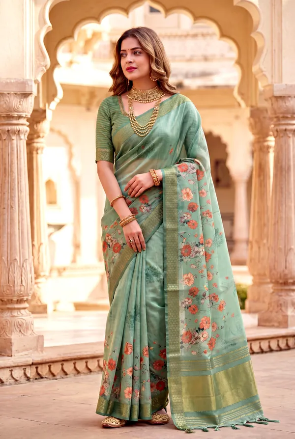 Vaanya_2_Rama_Green_–_Diwali_Special_|_Soft_Tissue_Silk_Saree_with_Digital_Print,_Border_&_Rich_Pallu,_Sequence_&_Contrast_Print_Blouse_with_Tassels