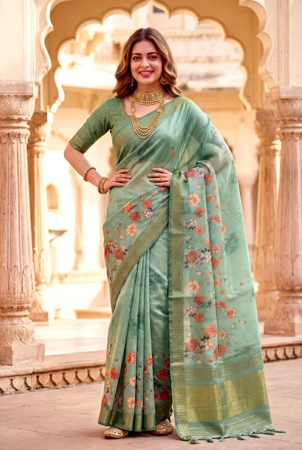 Vaanya_2_Rama_Green_–_Diwali_Special_|_Soft_Tissue_Silk_Saree_with_Digital_Print,_Border_&_Rich_Pallu,_Sequence_&_Contrast_Print_Blouse_with_Tassels