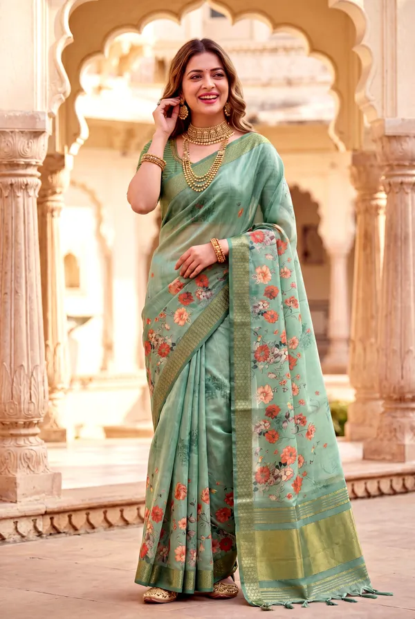 Vaanya_2_Rama_Green_–_Diwali_Special_|_Soft_Tissue_Silk_Saree_with_Digital_Print,_Border_&_Rich_Pallu,_Sequence_&_Contrast_Print_Blouse_with_Tassels
