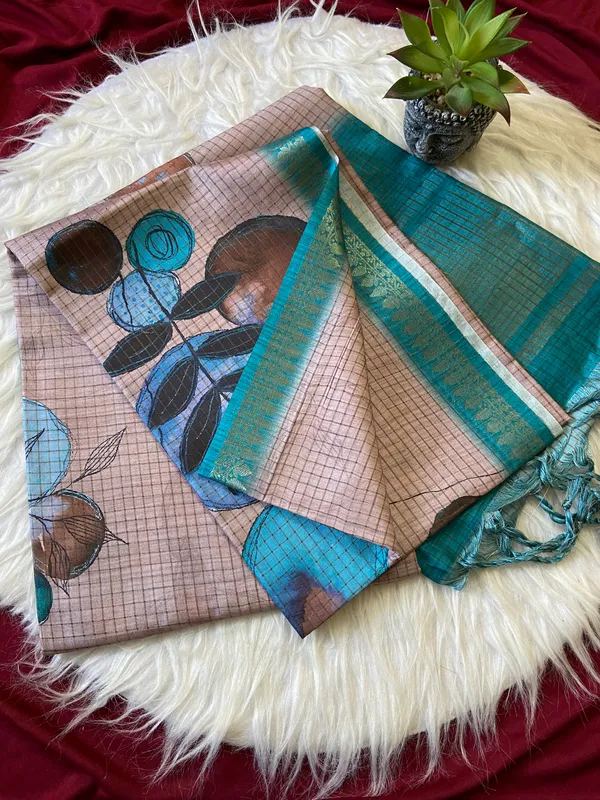 Soft_Tussar_Silk_sarees_with_Beautiful_Digital_Print_With_Attractive_Checks_Design_Saree_And_Digital_Print_Blouse_With_Tassels