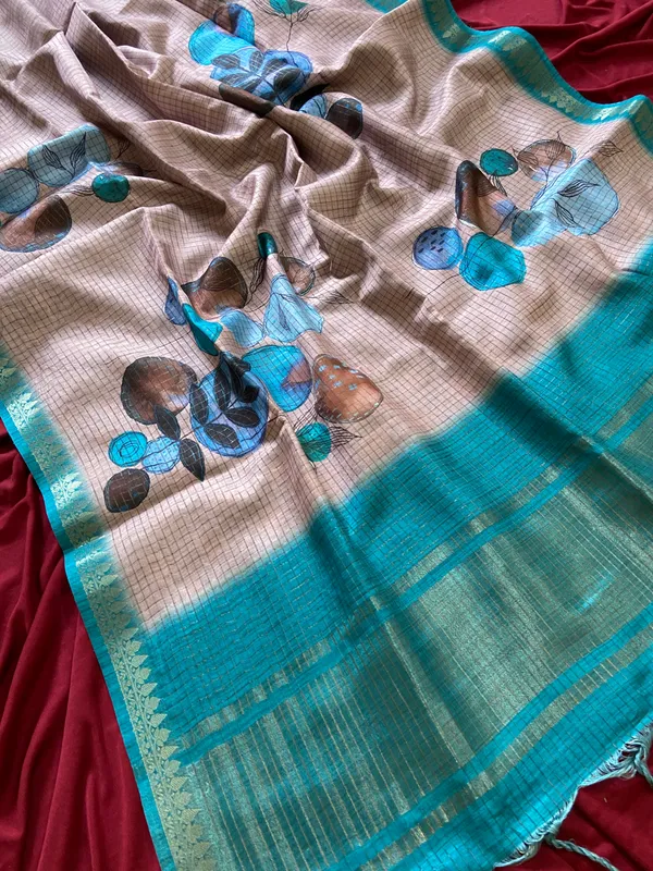 Soft_Tussar_Silk_sarees_with_Beautiful_Digital_Print_With_Attractive_Checks_Design_Saree_And_Digital_Print_Blouse_With_Tassels