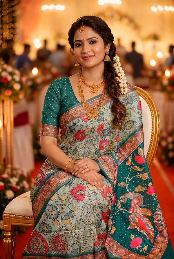 Shakti_Rama_Green_–_Powerful_Navratri_Special_|_Soft_Tussar_Silk_Saree_with_Digital_Print,_Border_&_Contrast_Print_Blouse_with_Tassels