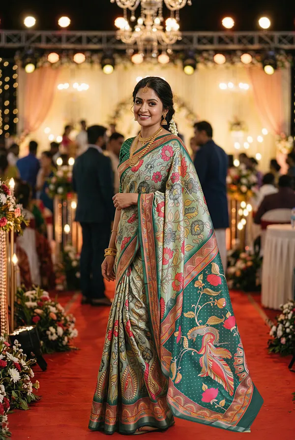 Shakti_Rama_Green_–_Powerful_Navratri_Special_|_Soft_Tussar_Silk_Saree_with_Digital_Print,_Border_&_Contrast_Print_Blouse_with_Tassels