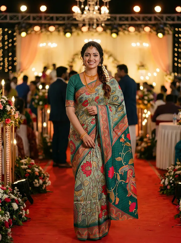 Shakti_Rama_Green_–_Powerful_Navratri_Special_|_Soft_Tussar_Silk_Saree_with_Digital_Print,_Border_&_Contrast_Print_Blouse_with_Tassels